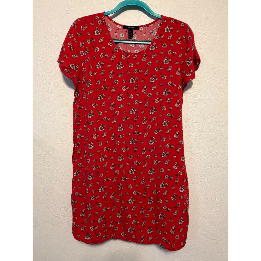Forever 21 Red Floral Short Sleeve Scoop Neck Mini T-Shirt Dress Large